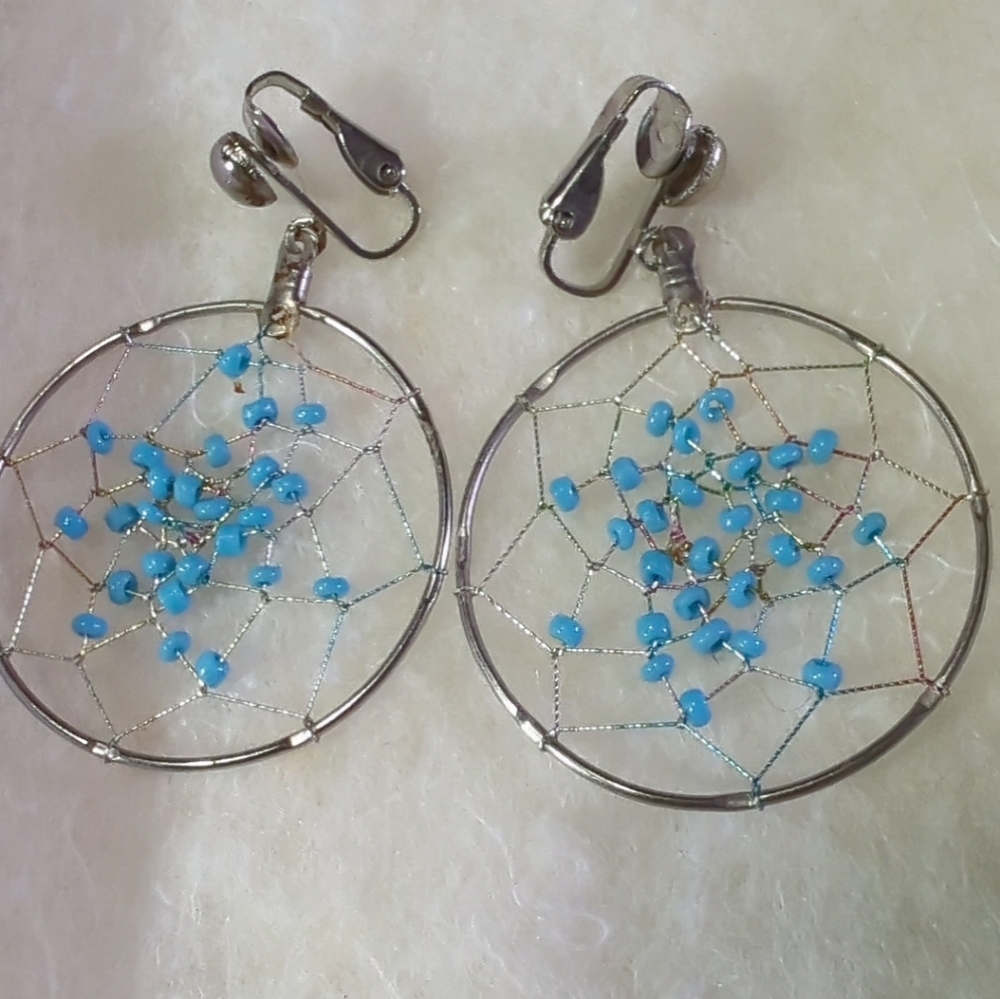 Vintage Dreamcatcher Earrings Silver Tone Colorful Metallic Cord Tiny Beads Clip